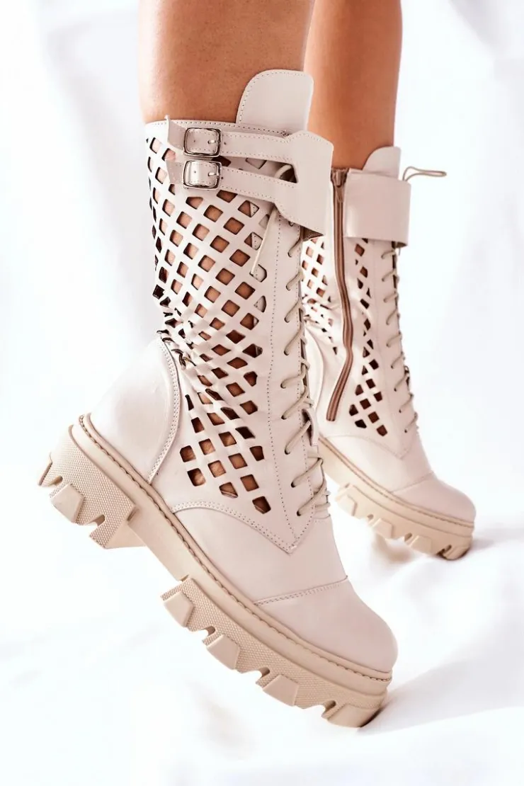 Boto Damskie Trapery|Botki Sznurowane*Damskie Skórzane Ażurowe Botki Trapery Beżowe Hootie