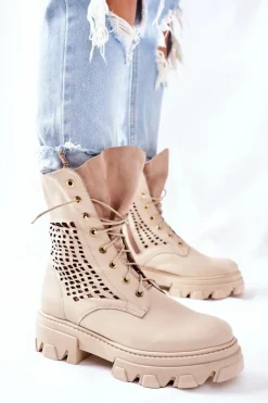Online Boto Damskie Skórzane Ażurowe Botki Trapery Beżowe Small Hootie