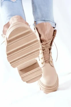 Online Boto Damskie Skórzane Ażurowe Botki Trapery Beżowe Small Hootie