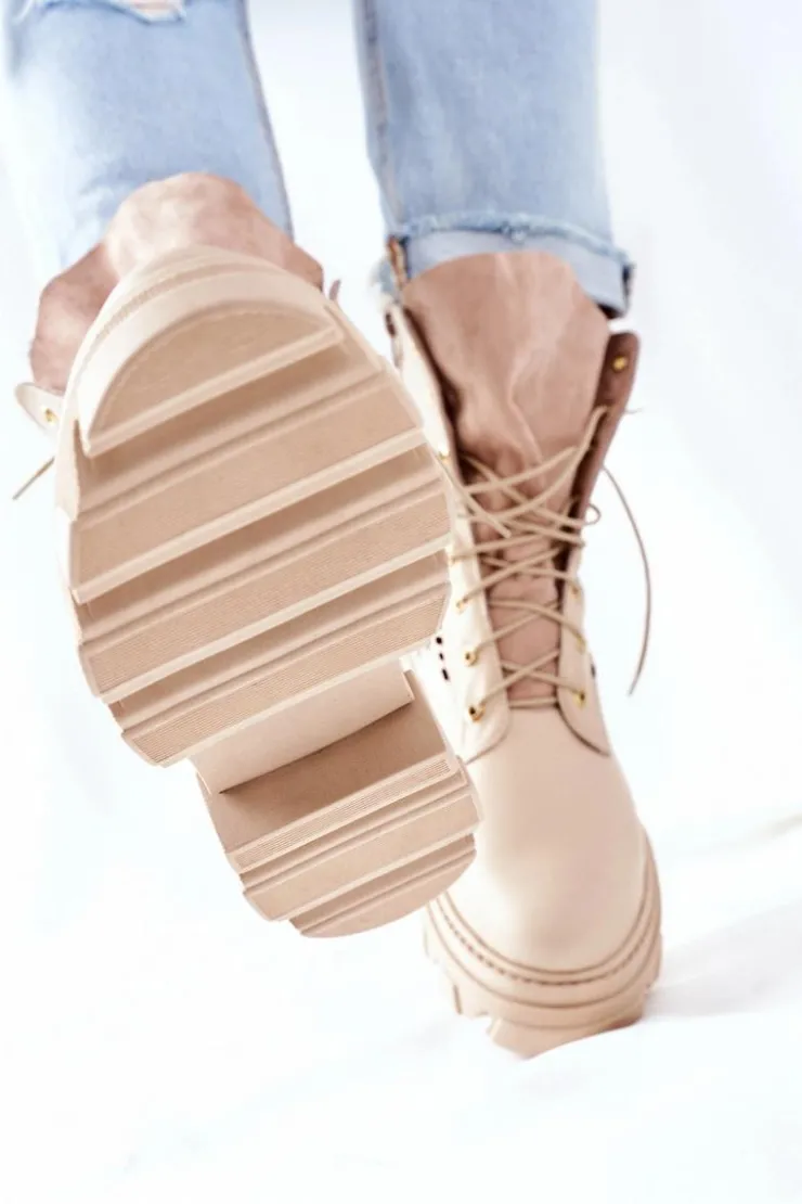 Online Boto Damskie Skórzane Ażurowe Botki Trapery Beżowe Small Hootie