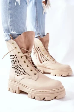 Online Boto Damskie Skórzane Ażurowe Botki Trapery Beżowe Small Hootie