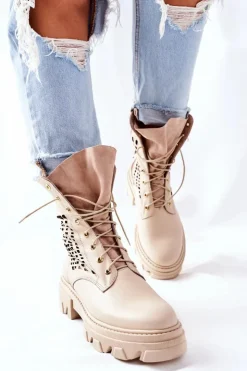 Online Boto Damskie Skórzane Ażurowe Botki Trapery Beżowe Small Hootie