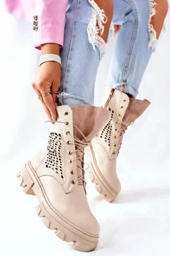 Online Boto Damskie Skórzane Ażurowe Botki Trapery Beżowe Small Hootie