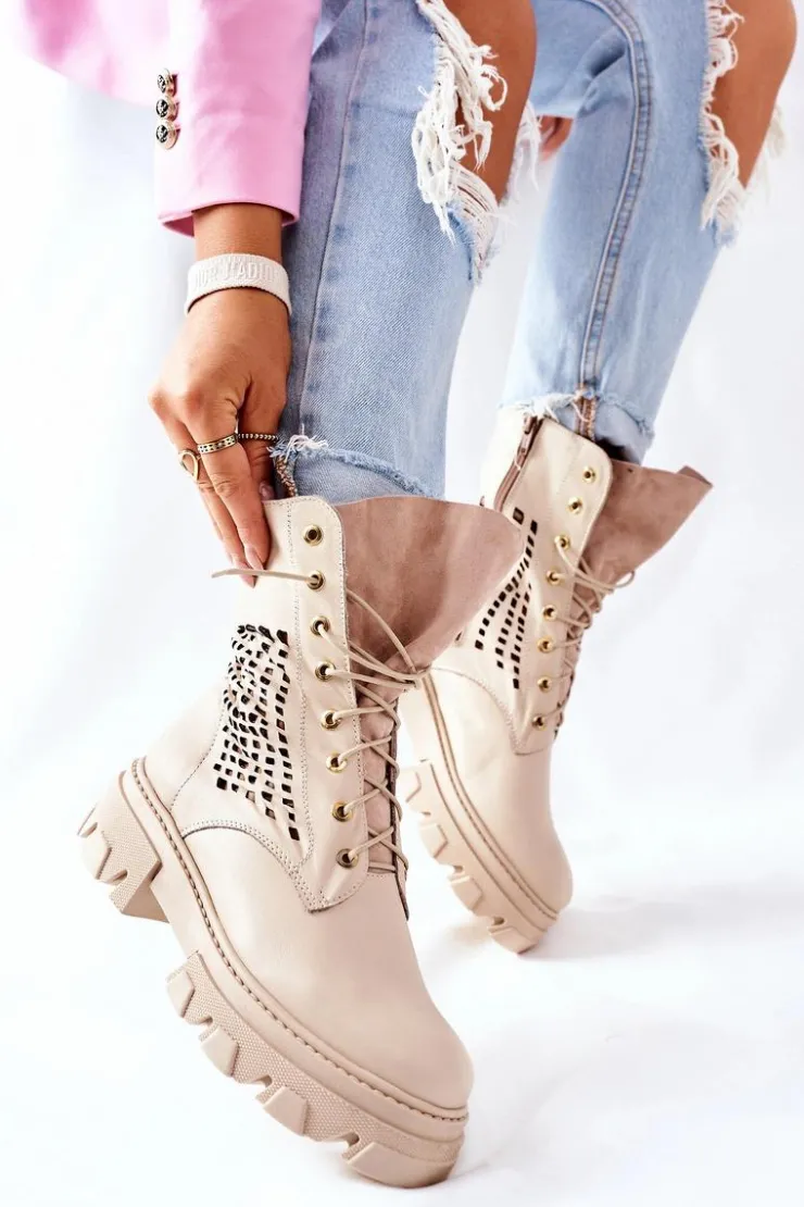 Online Boto Damskie Skórzane Ażurowe Botki Trapery Beżowe Small Hootie