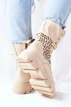 Online Boto Damskie Skórzane Ażurowe Botki Trapery Beżowe Small Hootie