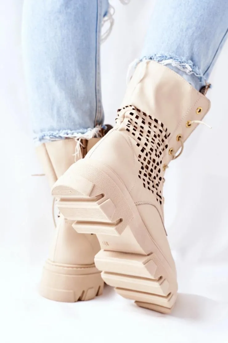 Online Boto Damskie Skórzane Ażurowe Botki Trapery Beżowe Small Hootie