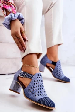 Damskie Maciejka Damskie Skórzane Ażurowe Botki 04962-06 Niebieskie