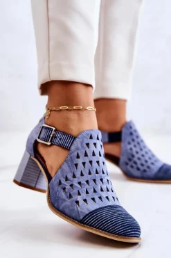 Damskie Maciejka Damskie Skórzane Ażurowe Botki 04962-06 Niebieskie