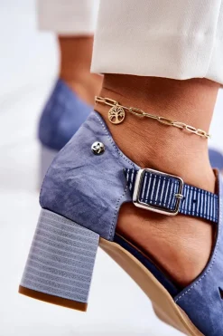 Damskie Maciejka Damskie Skórzane Ażurowe Botki 04962-06 Niebieskie