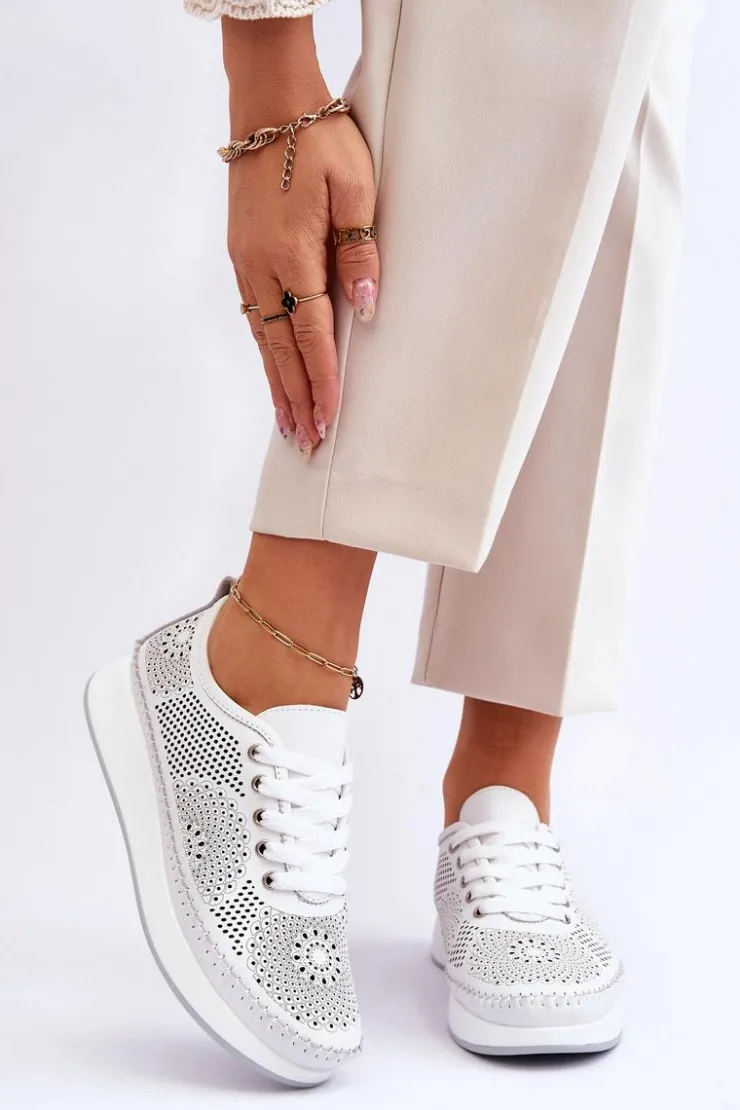 Damskie Buty damskie Vinceza Damskie Skórzane Ażurowe Buty Sportowe Białe Marea