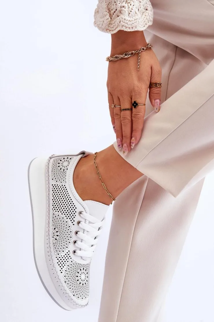 Damskie Buty damskie Vinceza Damskie Skórzane Ażurowe Buty Sportowe Białe Marea