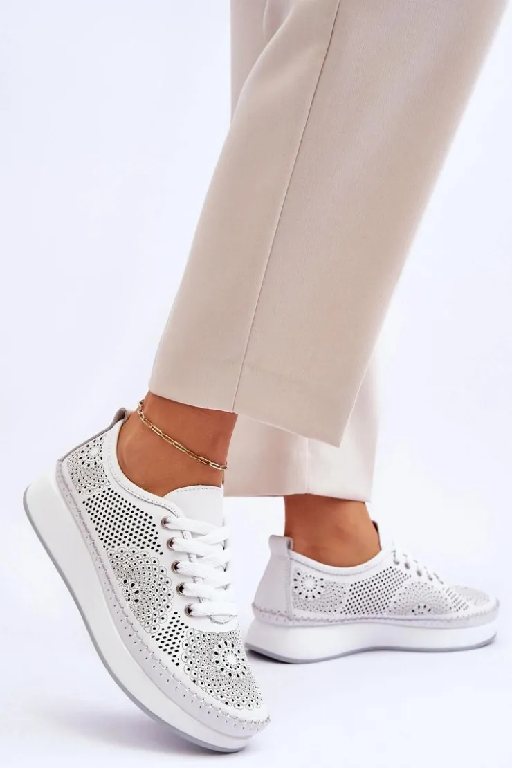 Damskie Buty damskie Vinceza Damskie Skórzane Ażurowe Buty Sportowe Białe Marea