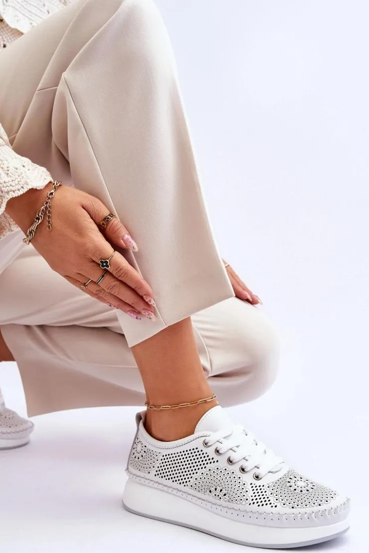 Damskie Buty damskie Vinceza Damskie Skórzane Ażurowe Buty Sportowe Białe Marea