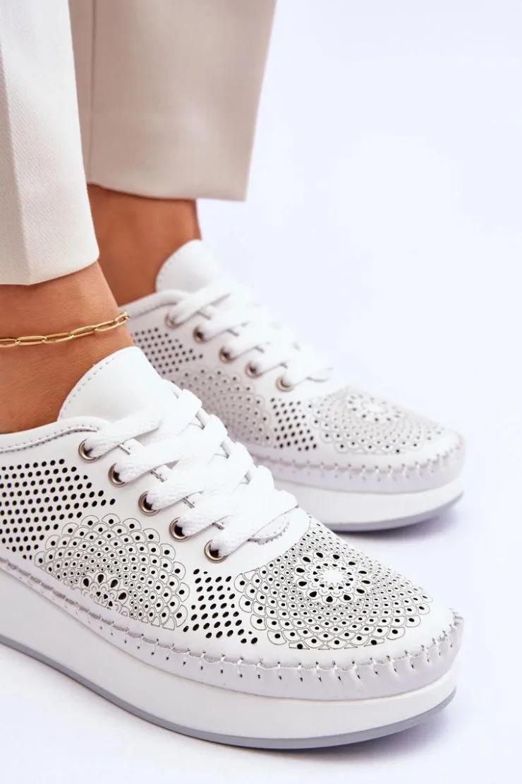 Damskie Buty damskie Vinceza Damskie Skórzane Ażurowe Buty Sportowe Białe Marea