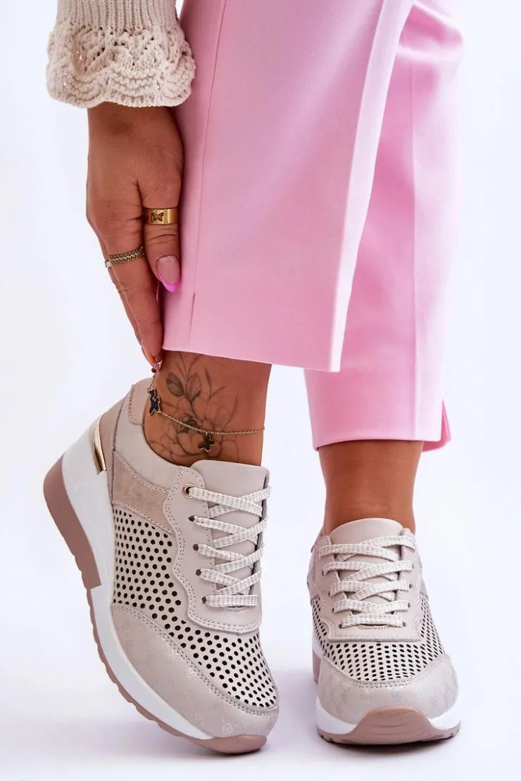 Sale Damskie buty S.Barski Damskie Skórzane Ażurowe Buty Sportowe Jasnobeżowe Virginia