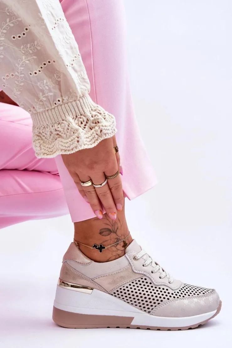 Sale Damskie buty S.Barski Damskie Skórzane Ażurowe Buty Sportowe Jasnobeżowe Virginia