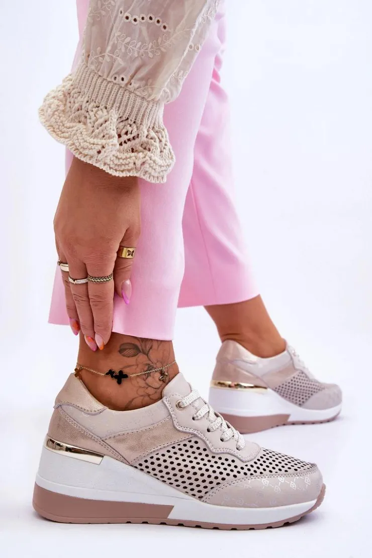 Sale Damskie buty S.Barski Damskie Skórzane Ażurowe Buty Sportowe Jasnobeżowe Virginia