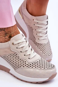 Sale Damskie buty S.Barski Damskie Skórzane Ażurowe Buty Sportowe Jasnobeżowe Virginia