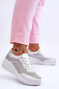 Damskie buty S.Barski Sneakersy Damskie*Damskie Skórzane Ażurowe Buty Sportowe Białe Virginia