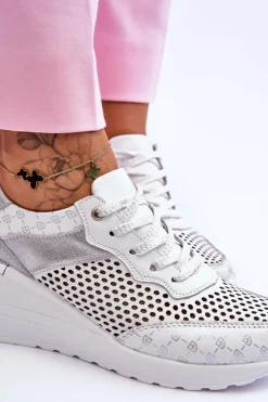 Damskie buty S.Barski Sneakersy Damskie*Damskie Skórzane Ażurowe Buty Sportowe Białe Virginia