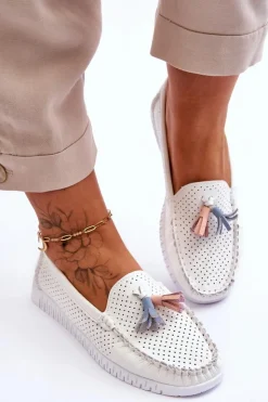 Evento Loafersy Damskie|Mokasyny Damskie Skórzane*Damskie Skórzane Ażurowe Mokasyny Białe Lanzarot Biały