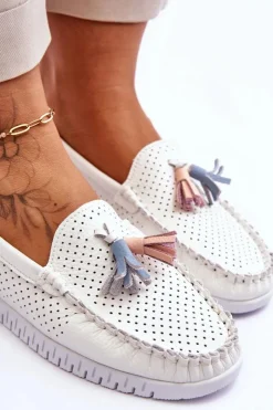 Evento Loafersy Damskie|Mokasyny Damskie Skórzane*Damskie Skórzane Ażurowe Mokasyny Białe Lanzarot Biały