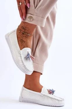 Evento Loafersy Damskie|Mokasyny Damskie Skórzane*Damskie Skórzane Ażurowe Mokasyny Białe Lanzarot Biały