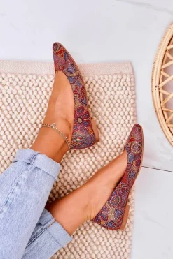 Damskie Maciejka Damskie Skórzane Baleriny Czerwone W Kwiaty 04100-38