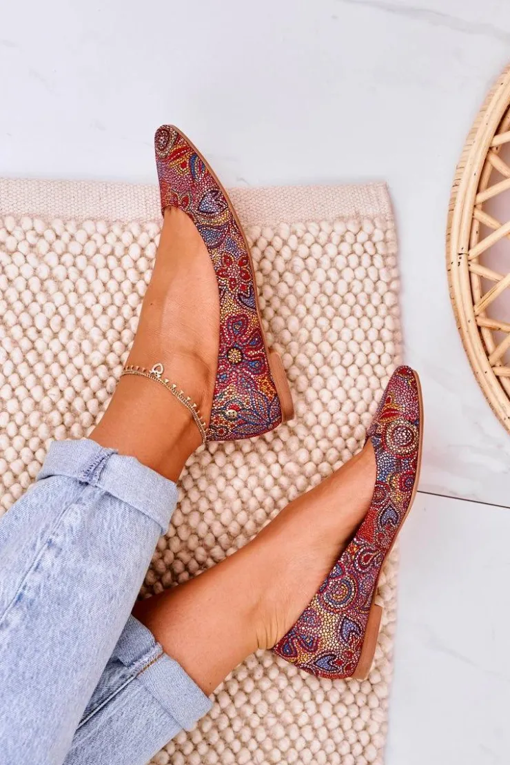 Damskie Maciejka Damskie Skórzane Baleriny Czerwone W Kwiaty 04100-38