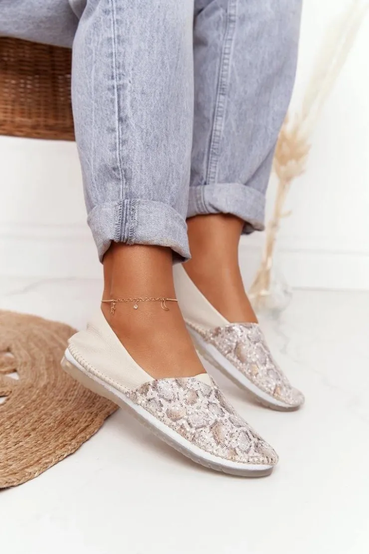 Maciejka Baleriny Skórzane|Baleriny Klasyczne*Damskie Skórzane Baleriny Beżowo-Złote 01930-81