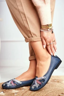 Maciejka Baleriny Skórzane|Baleriny Klasyczne*Damskie Skórzane Baleriny Granatowe 01358-27