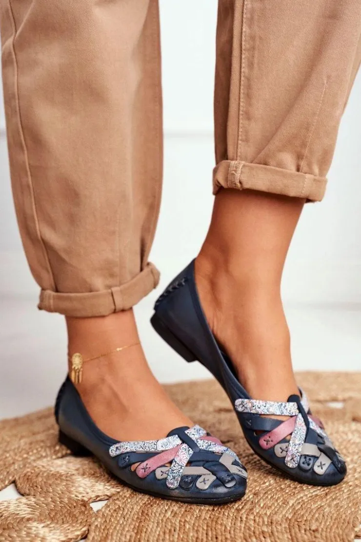 Maciejka Baleriny Skórzane|Baleriny Klasyczne*Damskie Skórzane Baleriny Granatowe 01358-27