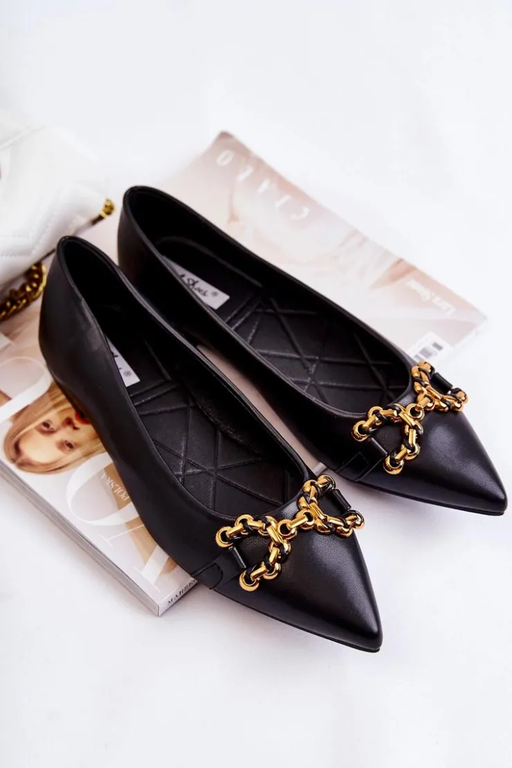 Damskie Boto Damskie Skórzane Baleriny W Szpic Z Ozdobą Czarne Carlos