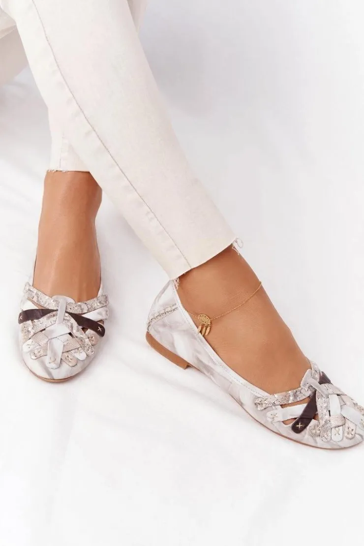 Sale Maciejka Damskie Skórzane Baleriny 01358-44 Brudny Beż