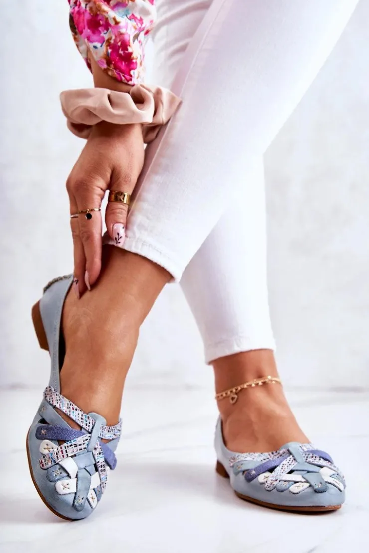 New Maciejka Damskie Skórzane Baleriny 01358-34 Jasnoniebieskie