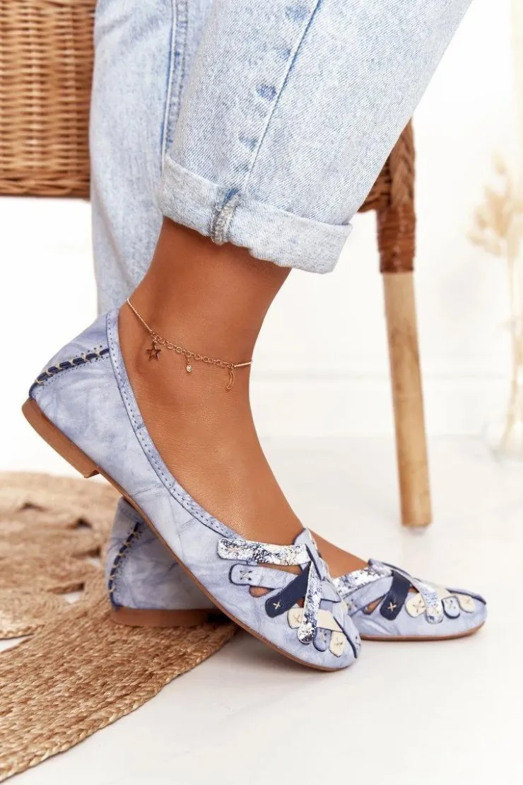 Maciejka Baleriny Skórzane|Baleriny Klasyczne*Damskie Skórzane Baleriny Niebieskie 01358-45