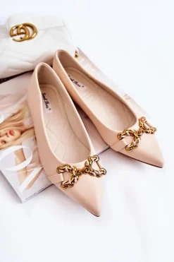 Discount Boto Damskie Skórzane Baleriny W Szpic Z Ozdobą Beżowe Carlos