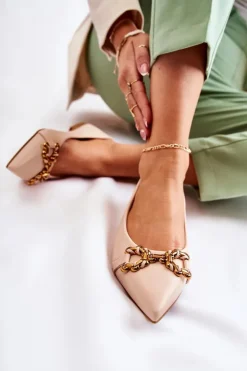 Discount Boto Damskie Skórzane Baleriny W Szpic Z Ozdobą Beżowe Carlos