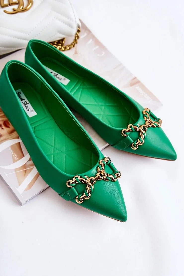 Hot Boto Damskie Skórzane Baleriny W Szpic Z Ozdobą Zielone Carlos