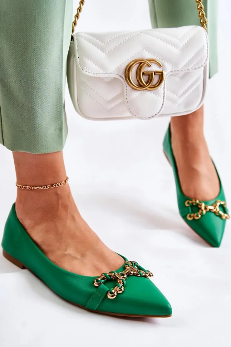 Hot Boto Damskie Skórzane Baleriny W Szpic Z Ozdobą Zielone Carlos