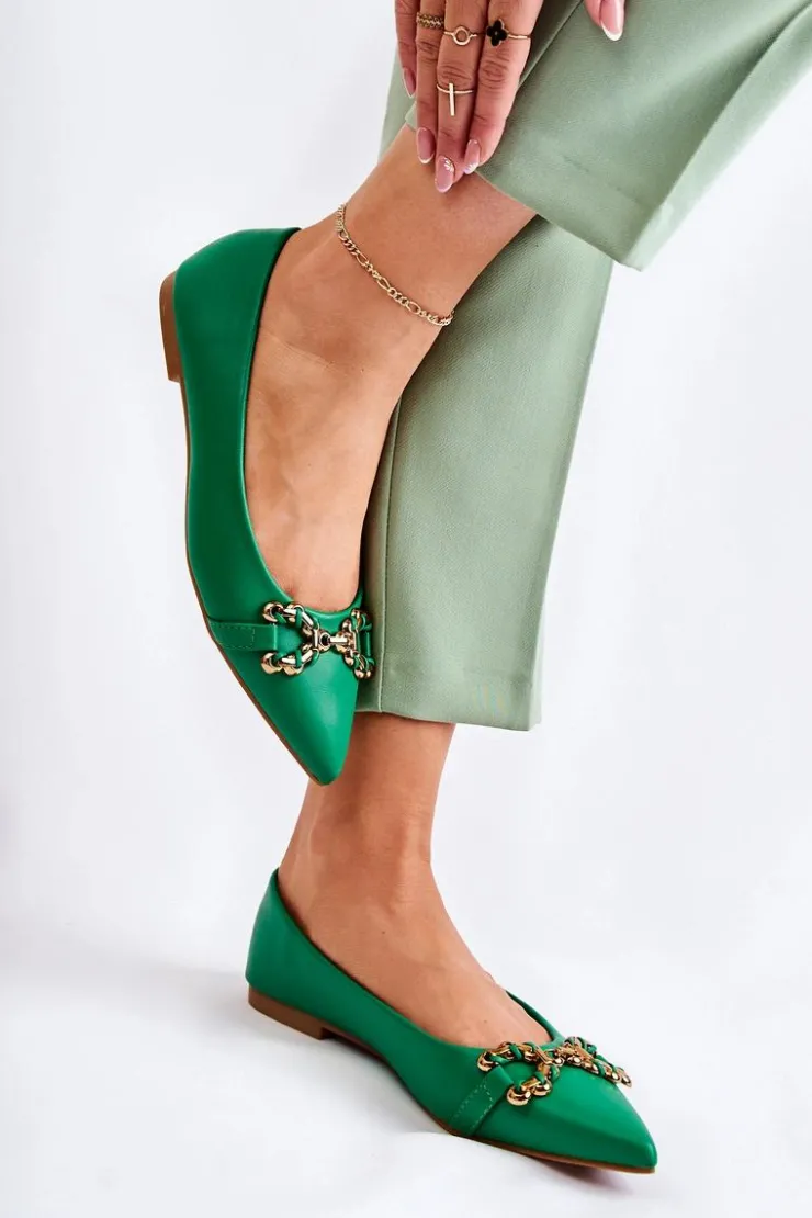 Hot Boto Damskie Skórzane Baleriny W Szpic Z Ozdobą Zielone Carlos