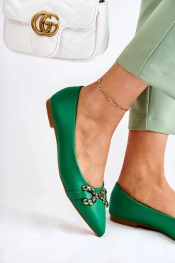 Hot Boto Damskie Skórzane Baleriny W Szpic Z Ozdobą Zielone Carlos