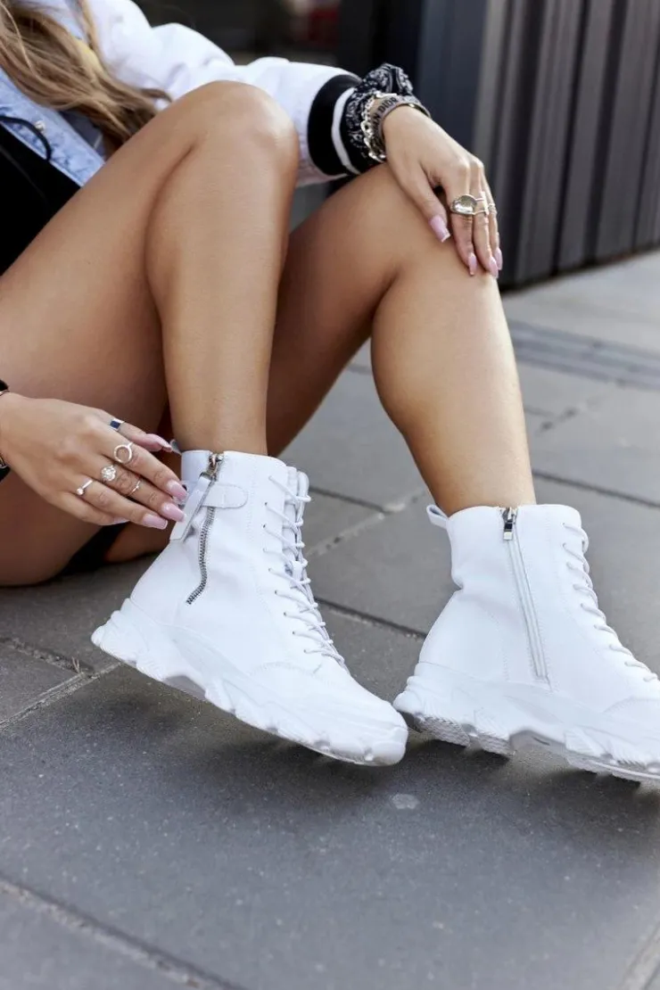 GOE Botki Sznurowane|Czarne Botki*Damskie Skórzane Botki II2N4032 Białe