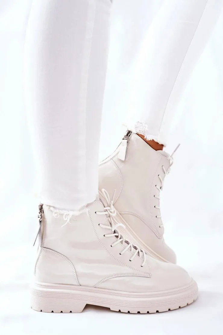 GOE Botki Sznurowane|Czarne Botki*Damskie Skórzane Botki II2N4013 Białe