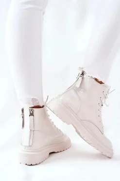GOE Botki Sznurowane|Czarne Botki*Damskie Skórzane Botki II2N4013 Białe