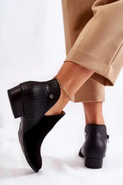 Damskie Maciejka Damskie Skórzane Botki Czarne Wzór Zwierzęcy 04091-62