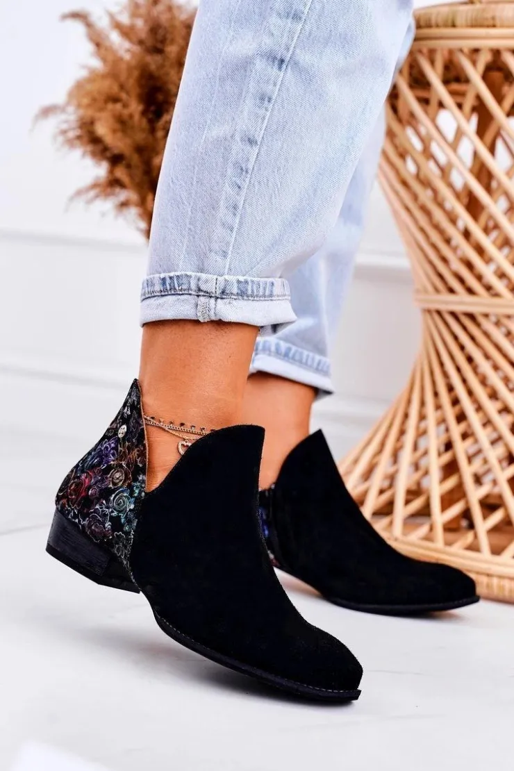 Maciejka Botki Wiosenne|Botki Maciejka*Damskie Skórzane Botki Czarne Z Kwiatami 04091-57 Czarny