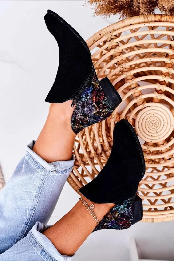 Maciejka Botki Wiosenne|Botki Maciejka*Damskie Skórzane Botki Czarne Z Kwiatami 04091-57 Czarny