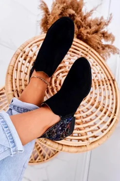 Maciejka Botki Wiosenne|Botki Maciejka*Damskie Skórzane Botki Czarne Z Kwiatami 04091-57 Czarny