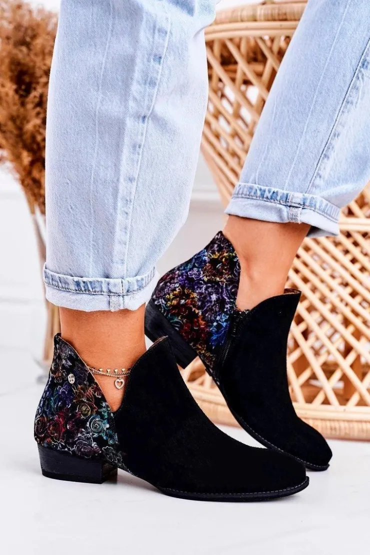 Maciejka Botki Wiosenne|Botki Maciejka*Damskie Skórzane Botki Czarne Z Kwiatami 04091-57 Czarny